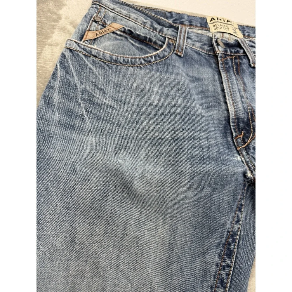 Ariat M4 Jeans Mens 31x34 Blue Denim Bootcut Stretch Distressed Western Cowboy